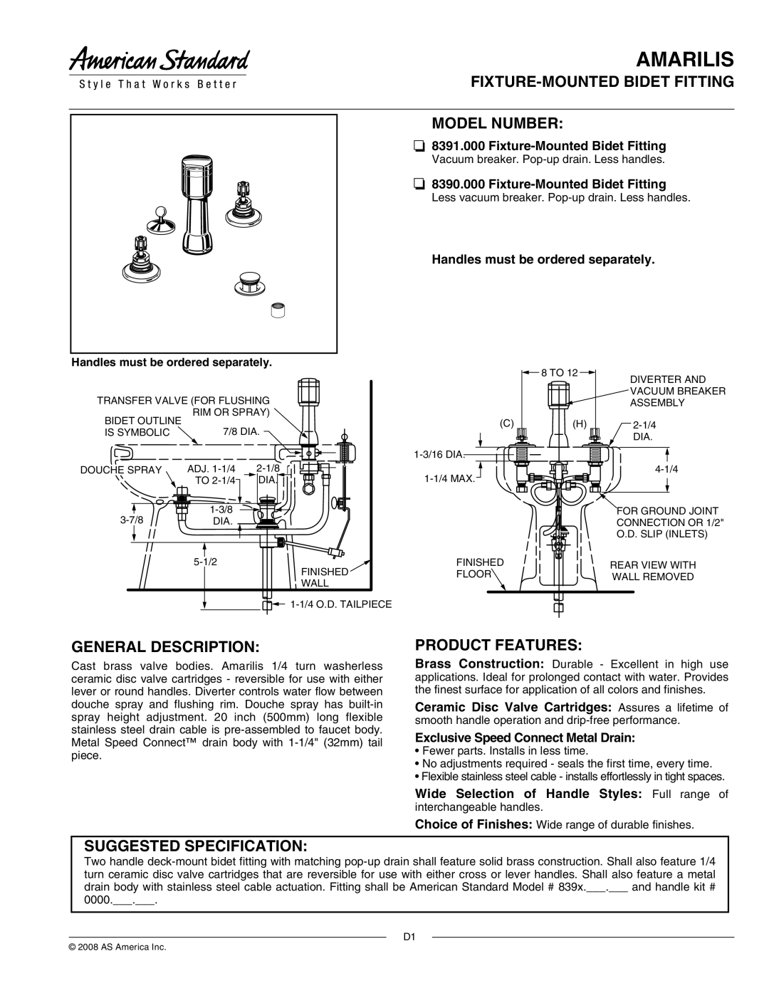 American Standard 8390.000 manual FIXTURE-MOUNTED Bidet Fitting Model Number, General Description, Product Features 