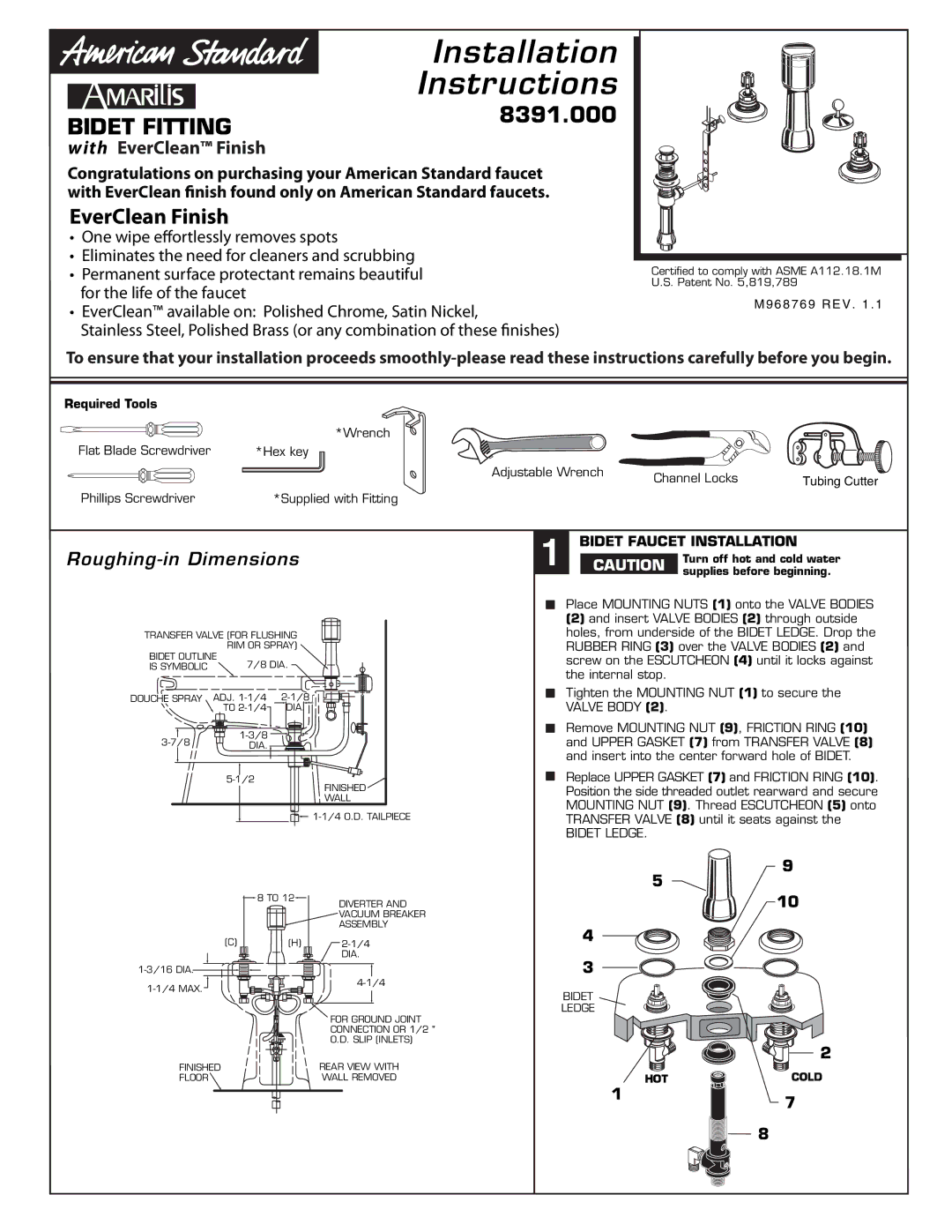 American Standard 8391.000 installation instructions EverClean Finish, Bidet Faucet Installation 