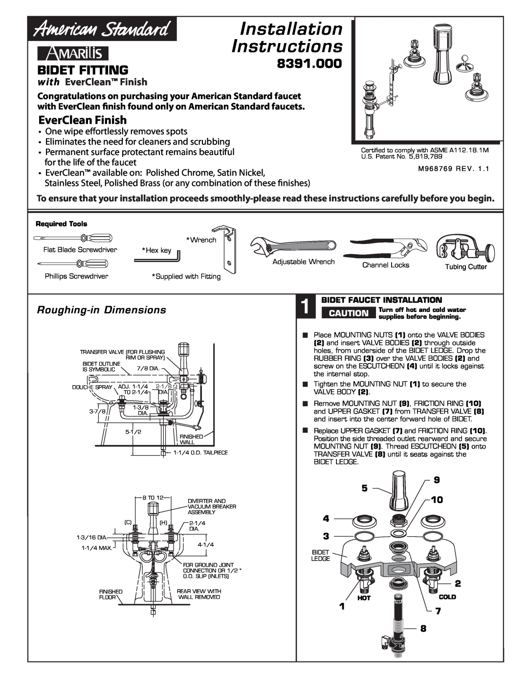 American Standard 8391.000 installation instructions Installation Instructions, Bidet Fitting, EverClean Finish 