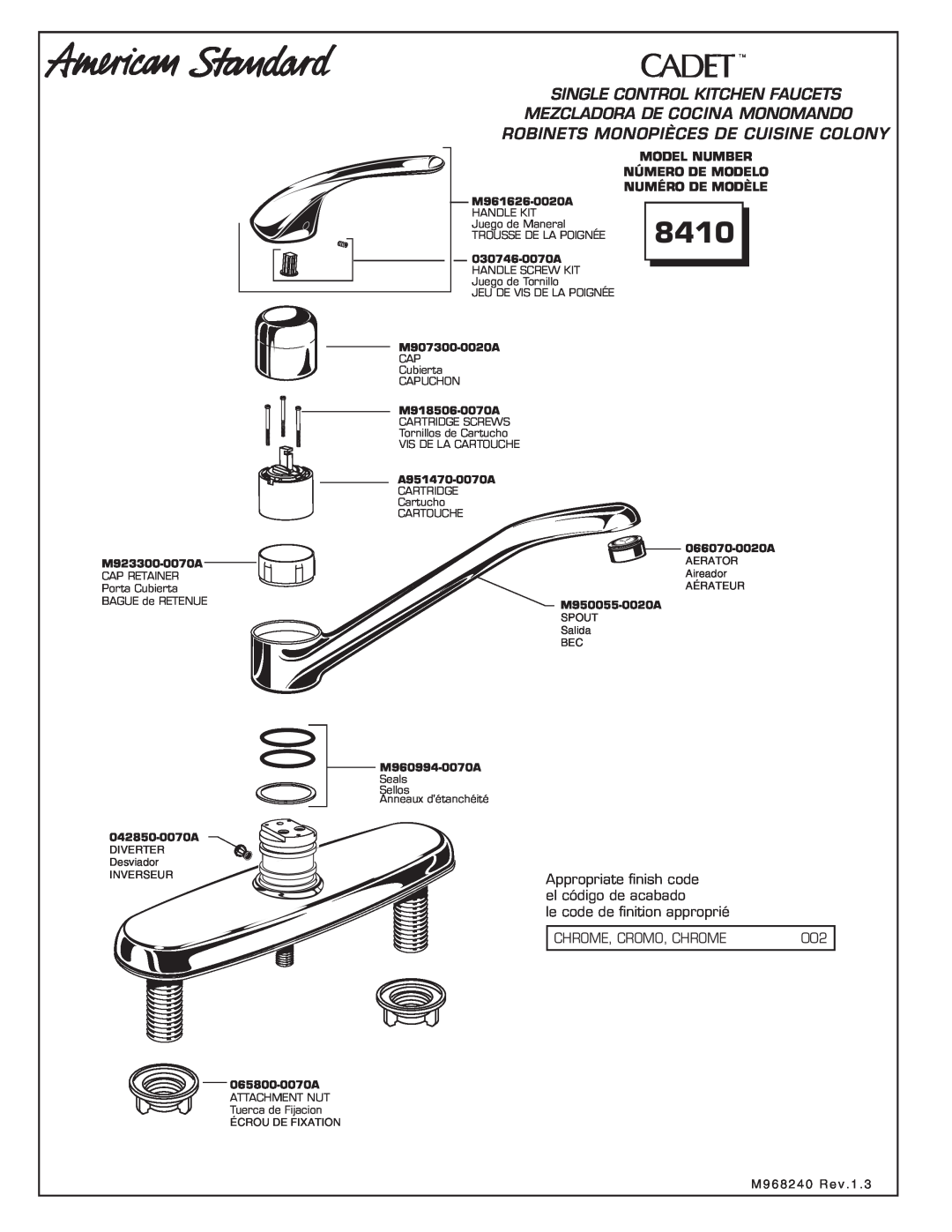 American Standard 8410 manual Single Control Kitchen Faucets, Mezcladora De Cocina Monomando, Appropriate ﬁnish code 
