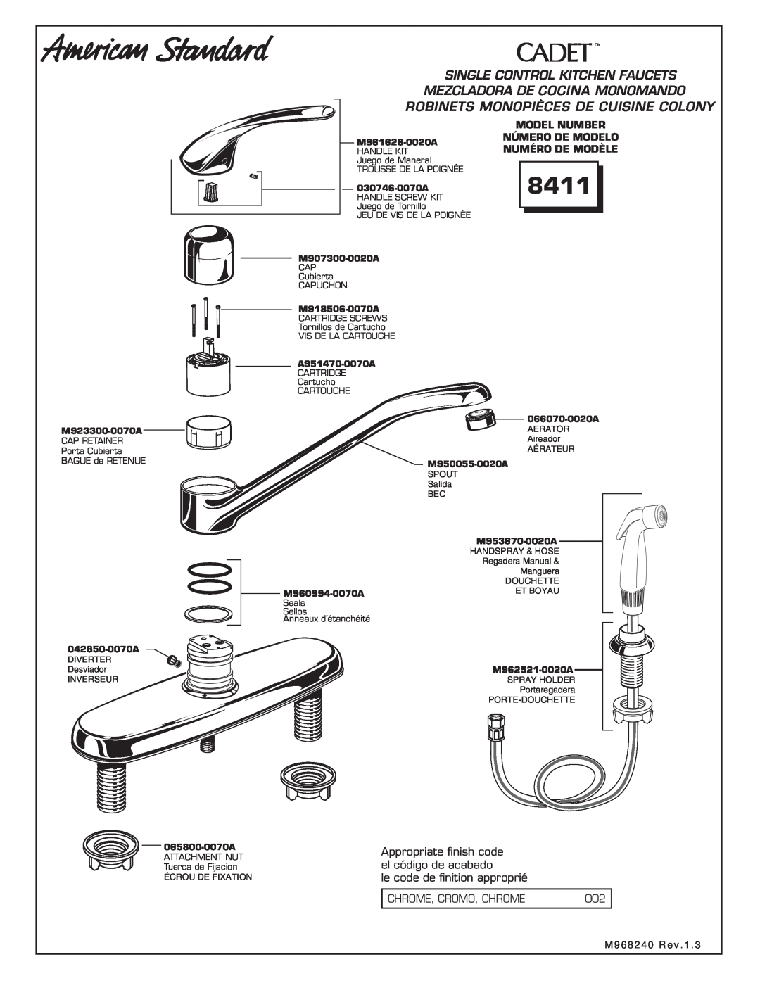 American Standard 8410 manual 8411, Single Control Kitchen Faucets, Mezcladora De Cocina Monomando, Appropriate ﬁnish code 