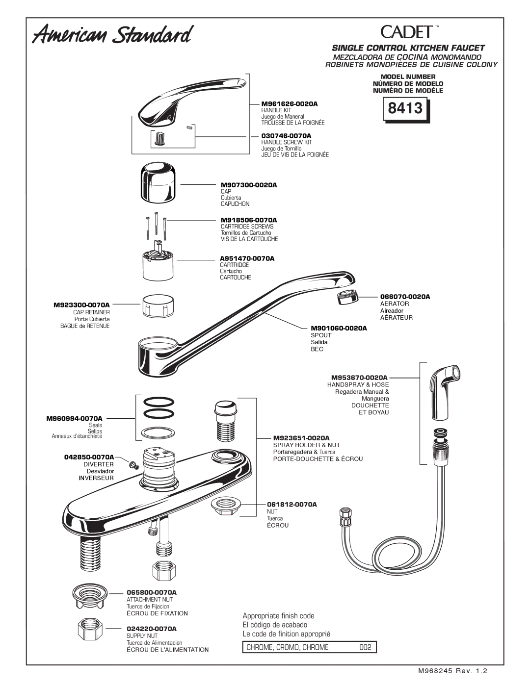 American Standard 8413 manual Single Control Kitchen Faucet 