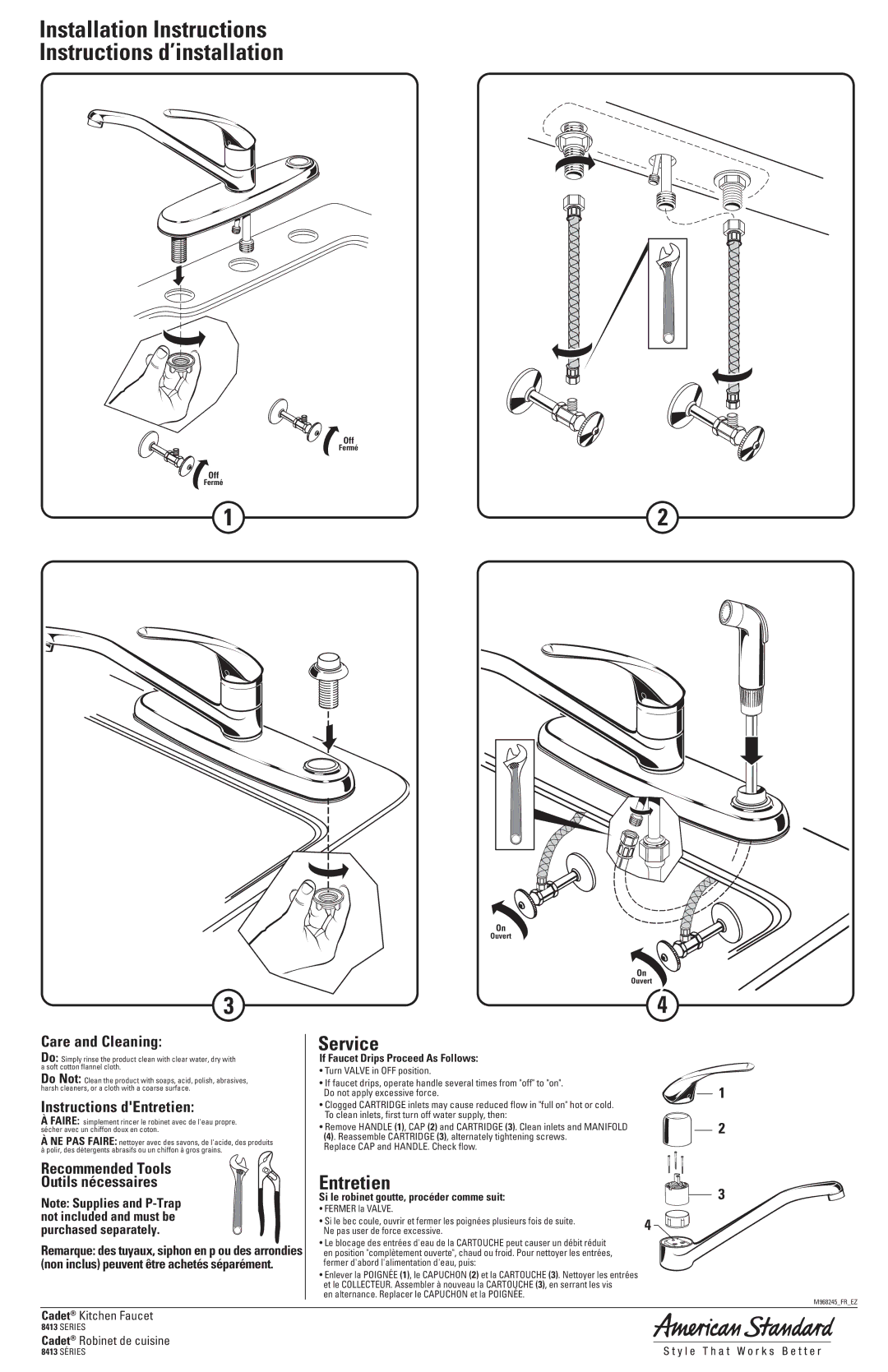 American Standard 8413 installation instructions Service, Care and Cleaning, Instructions dEntretien 