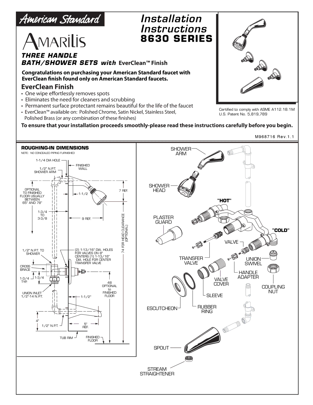 American Standard 8630 Series installation instructions ROUGHING-IN Dimensions, Hot, Cold 