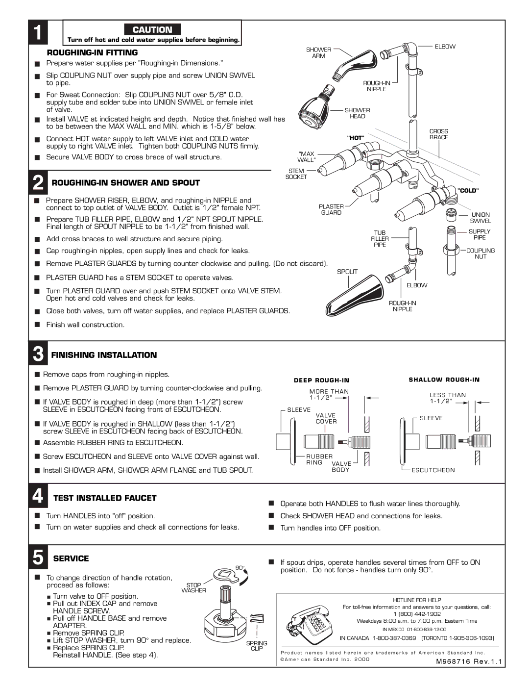 American Standard 8630 Series ROUGHING-IN Fitting, ROUGHING-IN Shower and Spout, Finishing Installation, Service 