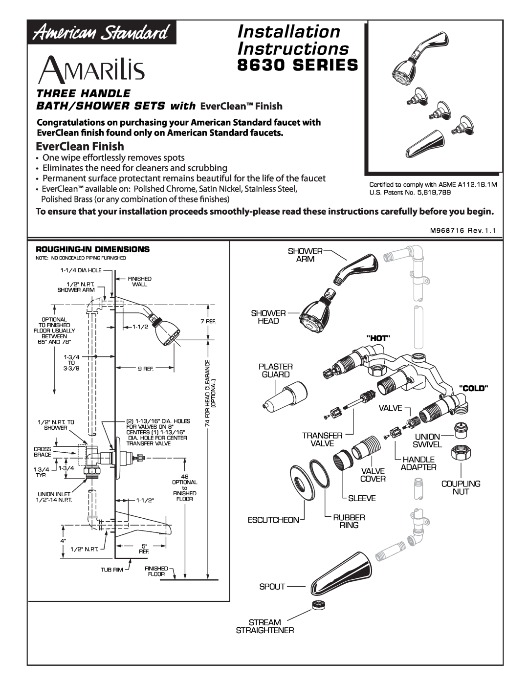 American Standard 8630 Series installation instructions Roughing-In Dimensions, Cold, Installation Instructions 