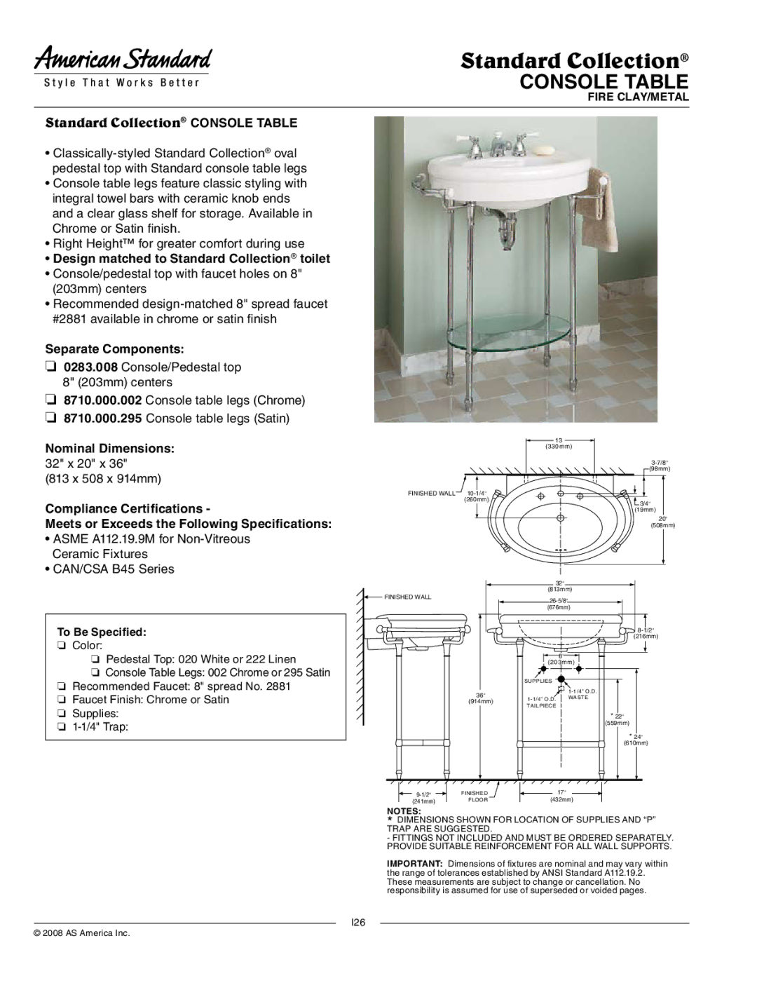 American Standard 8710.000.002, 8710.000.295 dimensions Standard Collection Console Table 