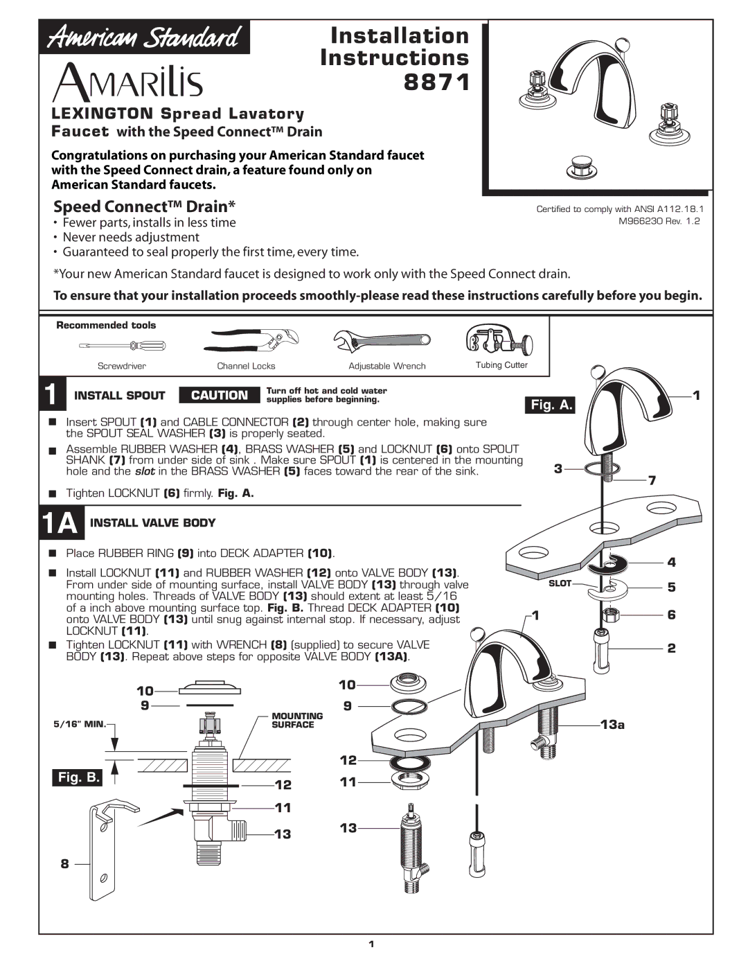 American Standard 8871 installation instructions Install Spout, 1A Install Valve Body 