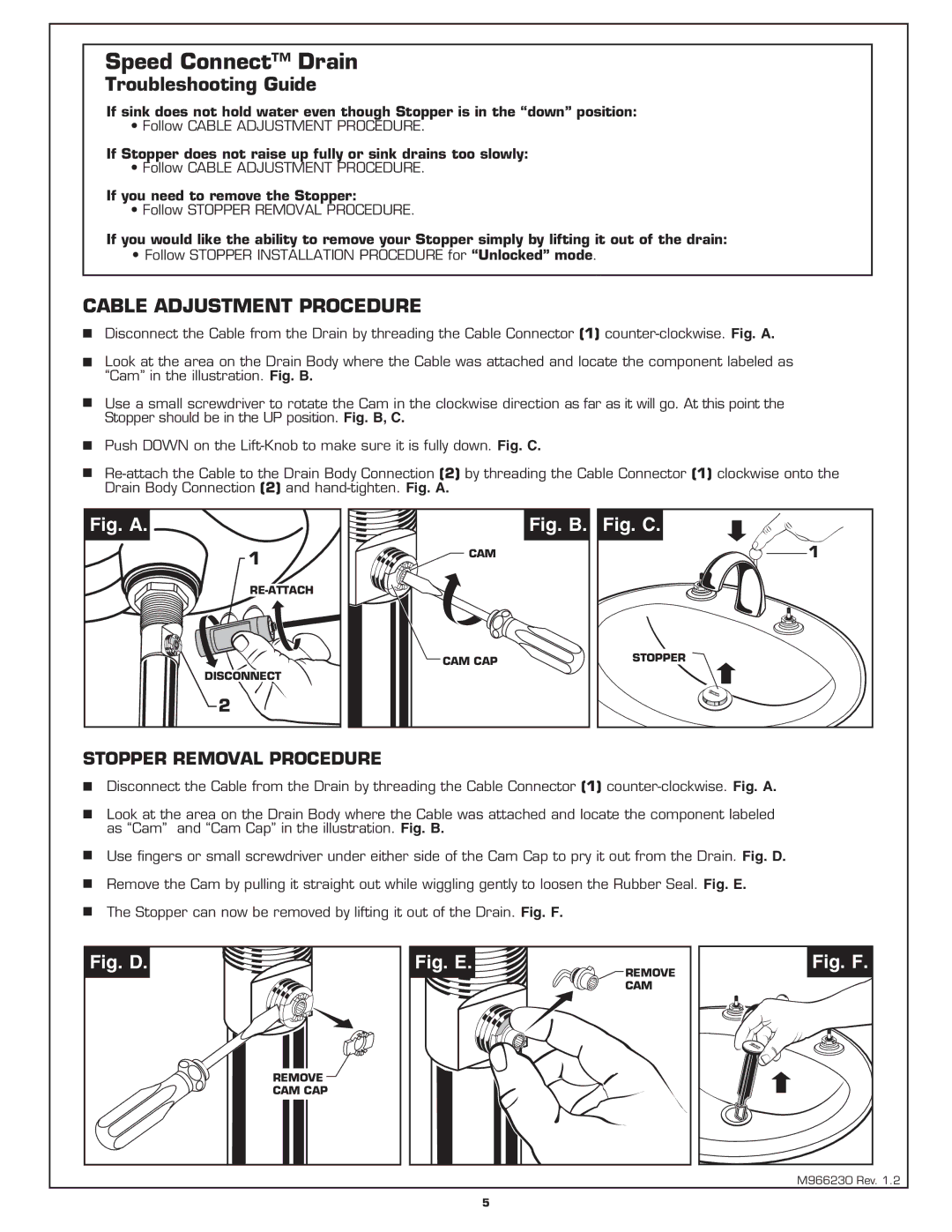 American Standard 8871 installation instructions Troubleshooting Guide, Cable Adjustment Procedure 