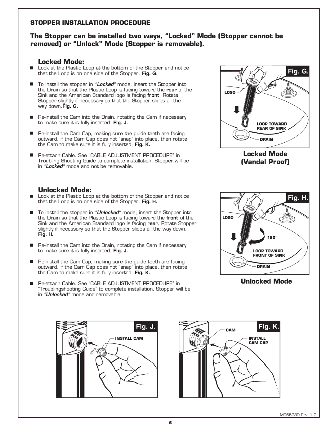 American Standard 8871 installation instructions Unlocked Mode, Locked Mode Vandal Proof 