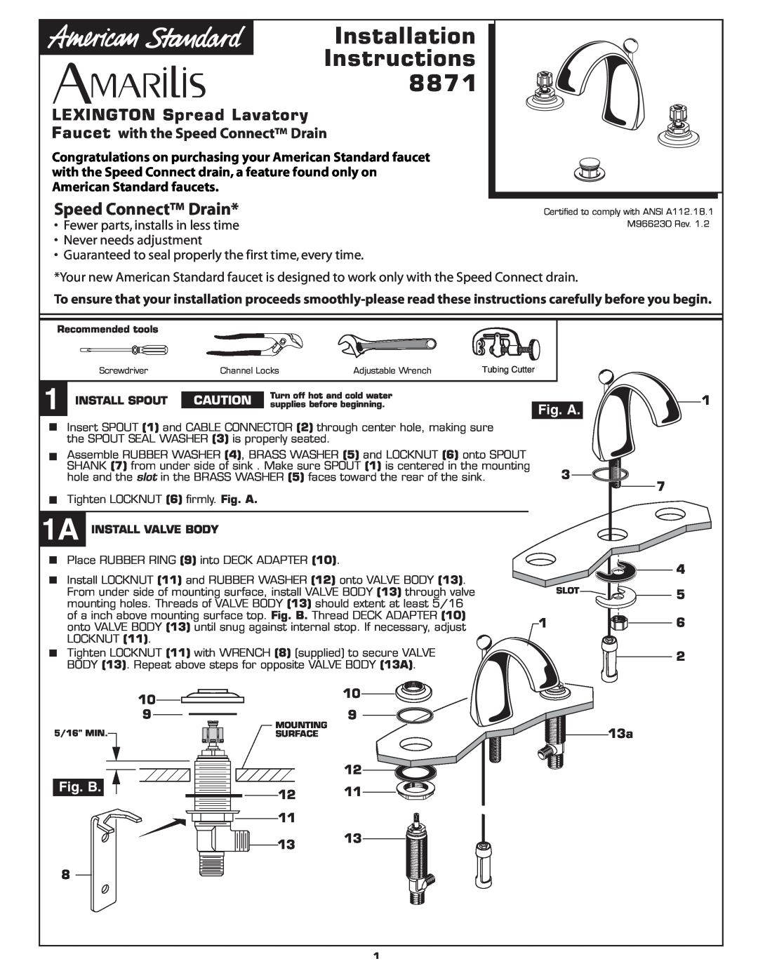 American Standard 8871 installation instructions Speed Connect Drain, LEXINGTON Spread Lavatory, Installation Instructions 