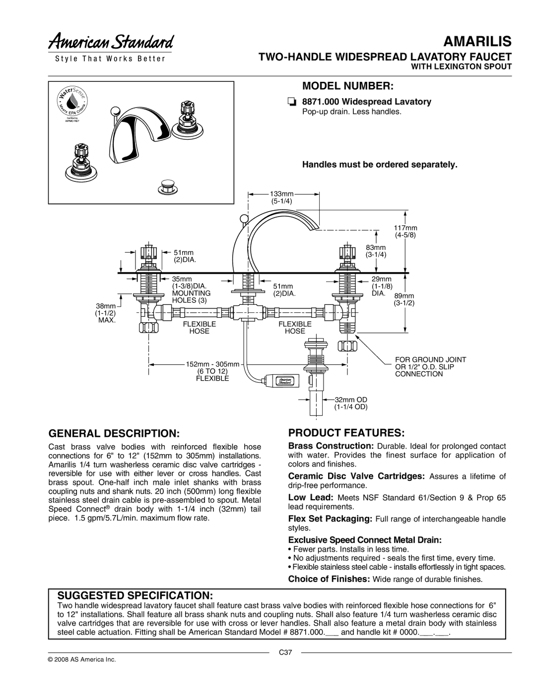 American Standard 8871.000 manual Amarilis 