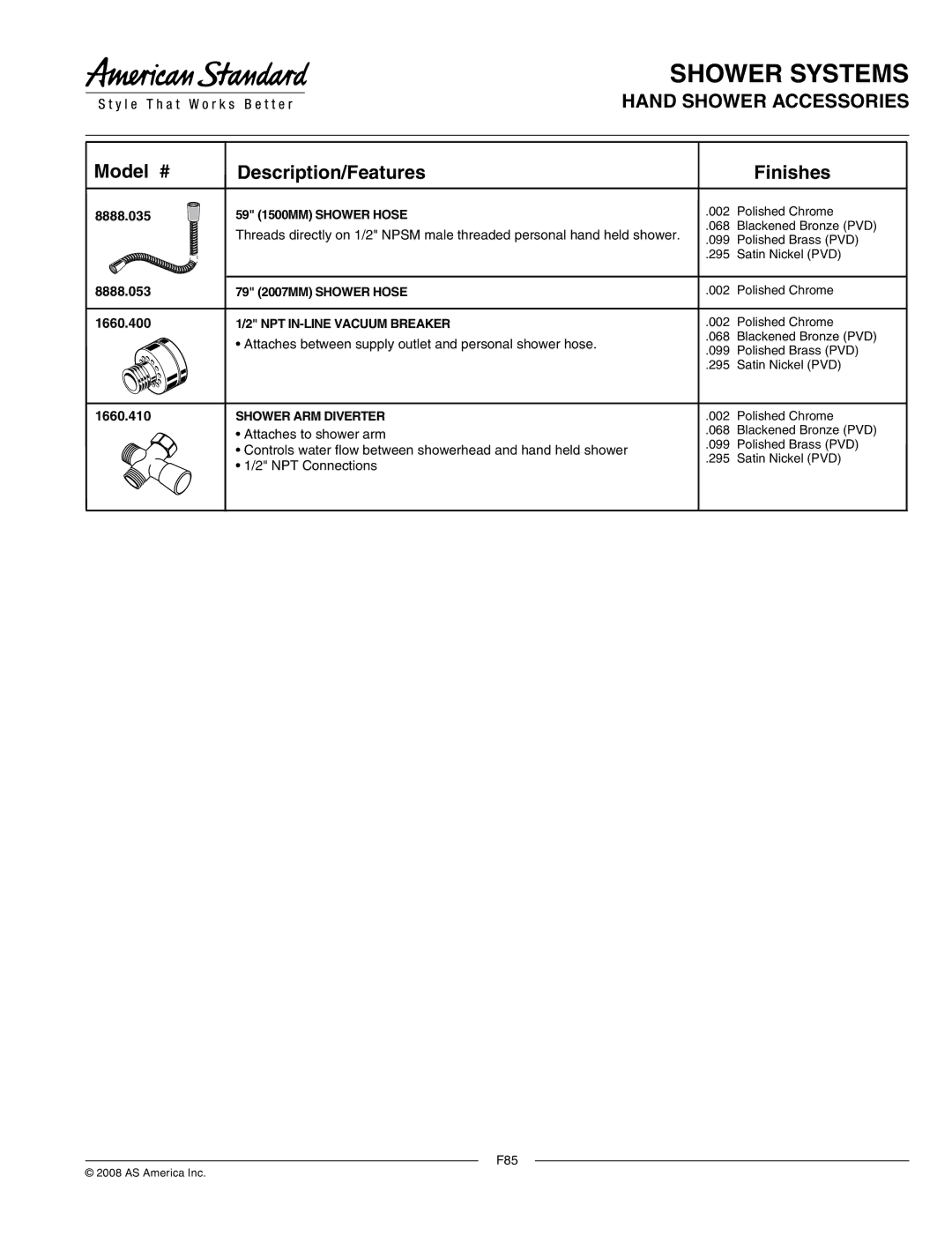 American Standard 8888.053, 8888.035 manual Shower Systems, Hand Shower Accessories, Model # Description/Features Finishes 