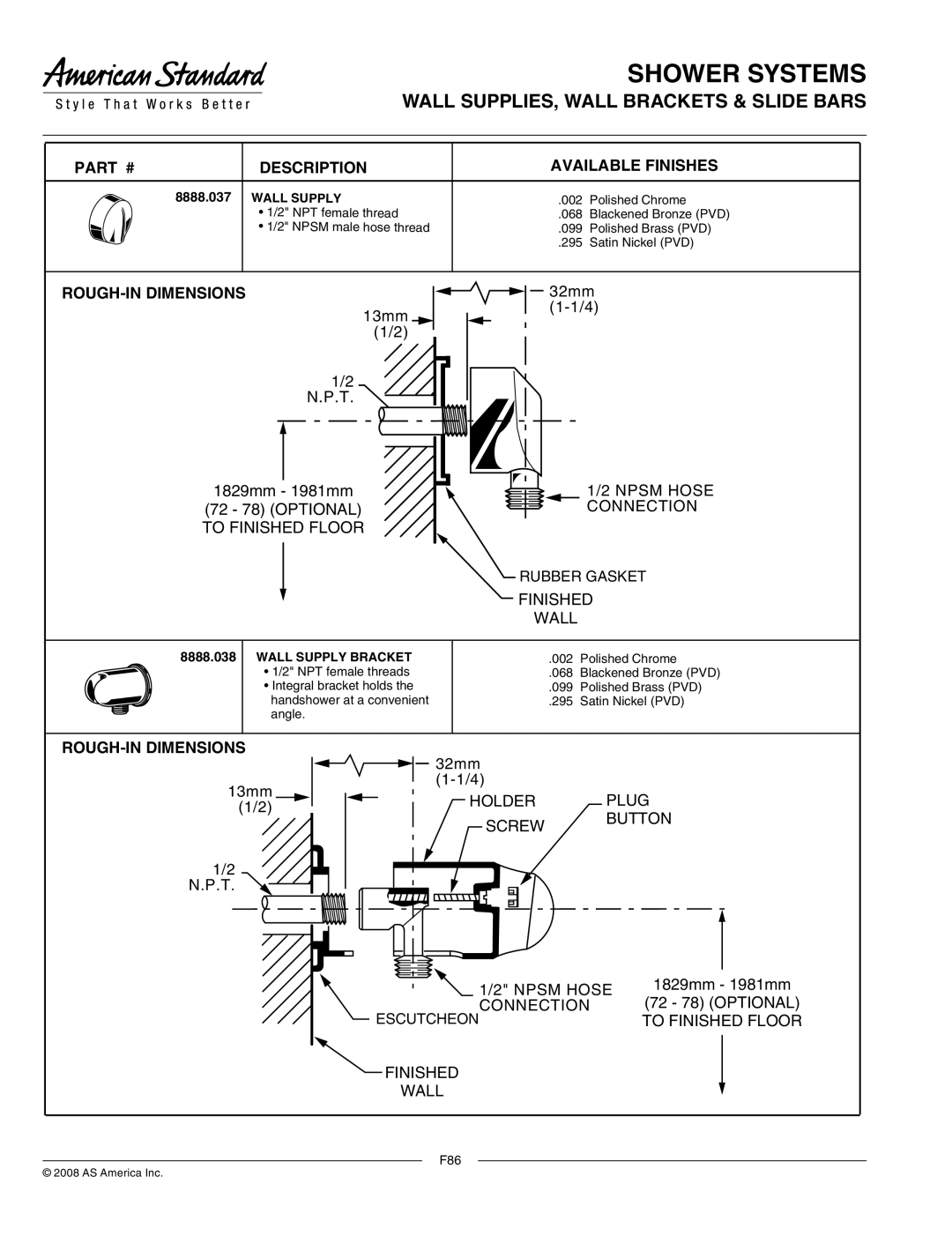 American Standard 1660.410 manual Wall SUPPLIES, Wall Brackets & Slide Bars, To Finished Floor, Finished Wall, Wall Supply 