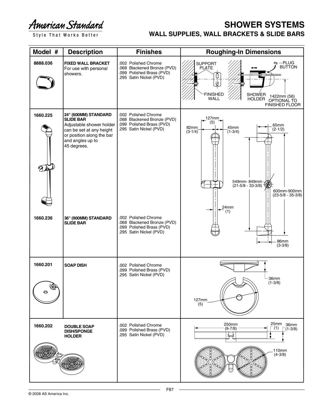 American Standard 1660.201, 8888.036, 1660.236 dimensions Shower Systems, Wall SUPPLIES, Wall Brackets & Slide Bars 