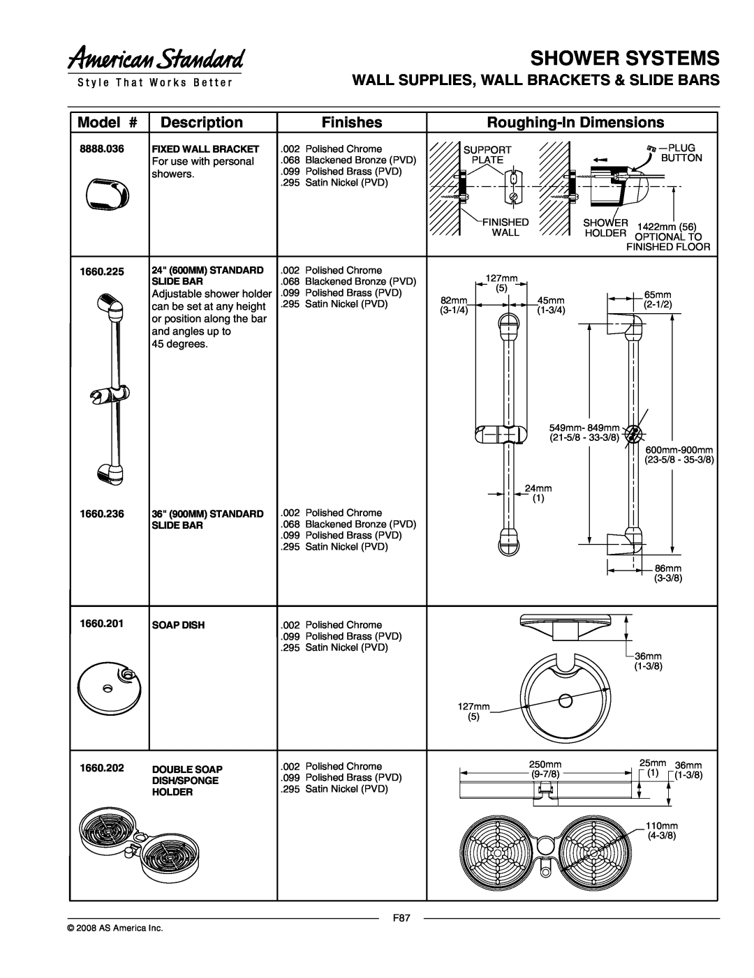 American Standard 1660.201 dimensions Shower Systems, Wall Supplies, Wall Brackets & Slide Bars, Model # Description 