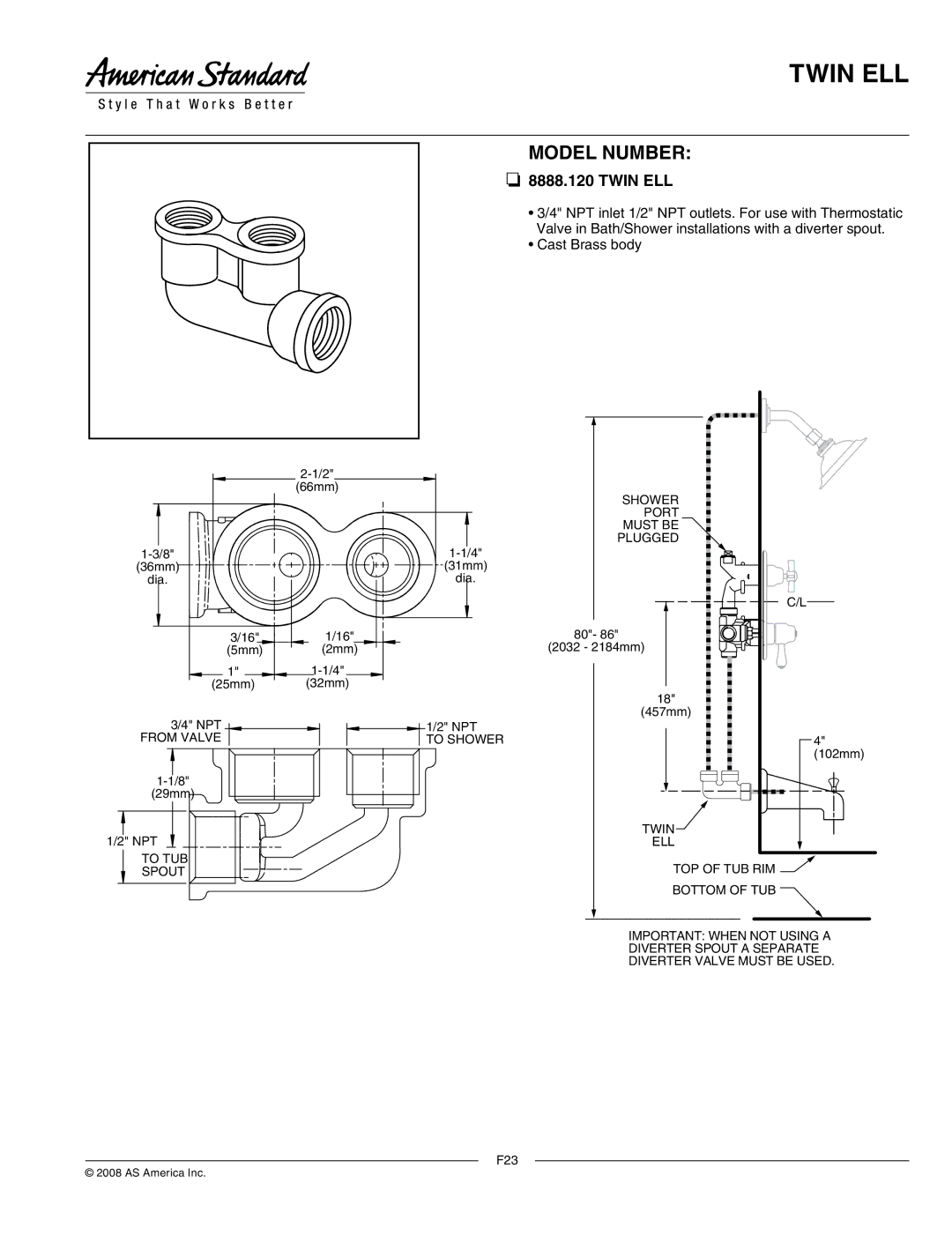 American Standard 8888.120 manual Twin ELL, Model Number, Cast Brass body 