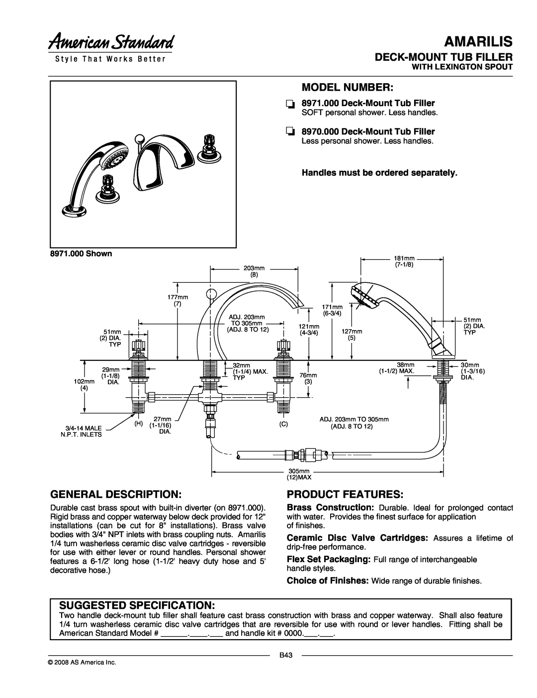 American Standard 8971.000 manual Amarilis, Deck-Mounttub Filler, Model Number, General Description, Product Features 