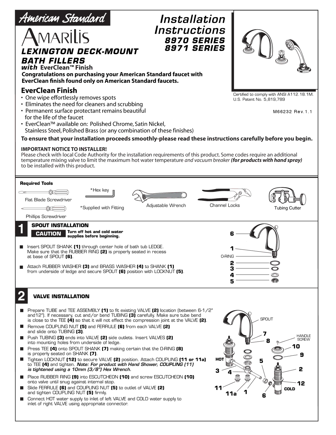 American Standard 8970 Series, 8971 Series installation instructions Spout Installation, 5VCJOH$VUUFS 