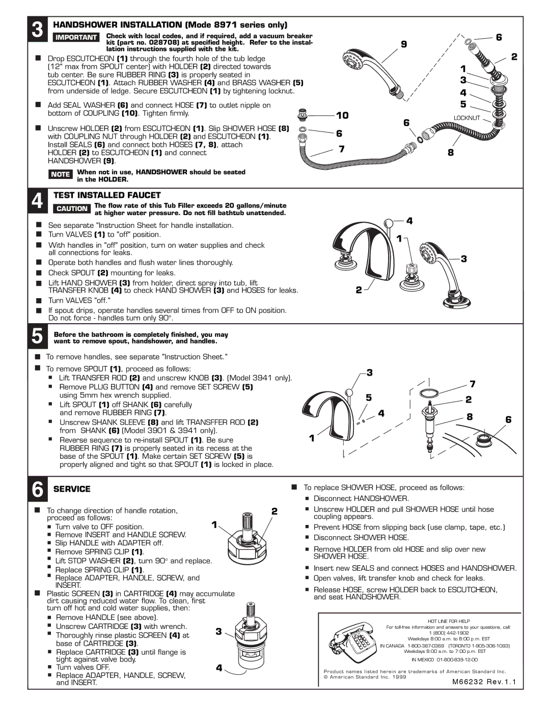 American Standard 8971 Series, 8970 Series installation instructions Test Installed Faucet,  Service, Insert, Shower Hose 