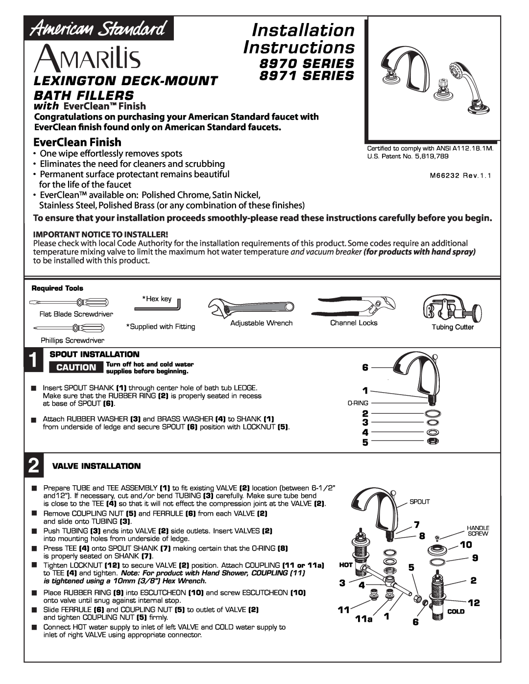 American Standard 8970 Series installation instructions Installation Instructions, Lexington Deck-Mountbath Fillers 