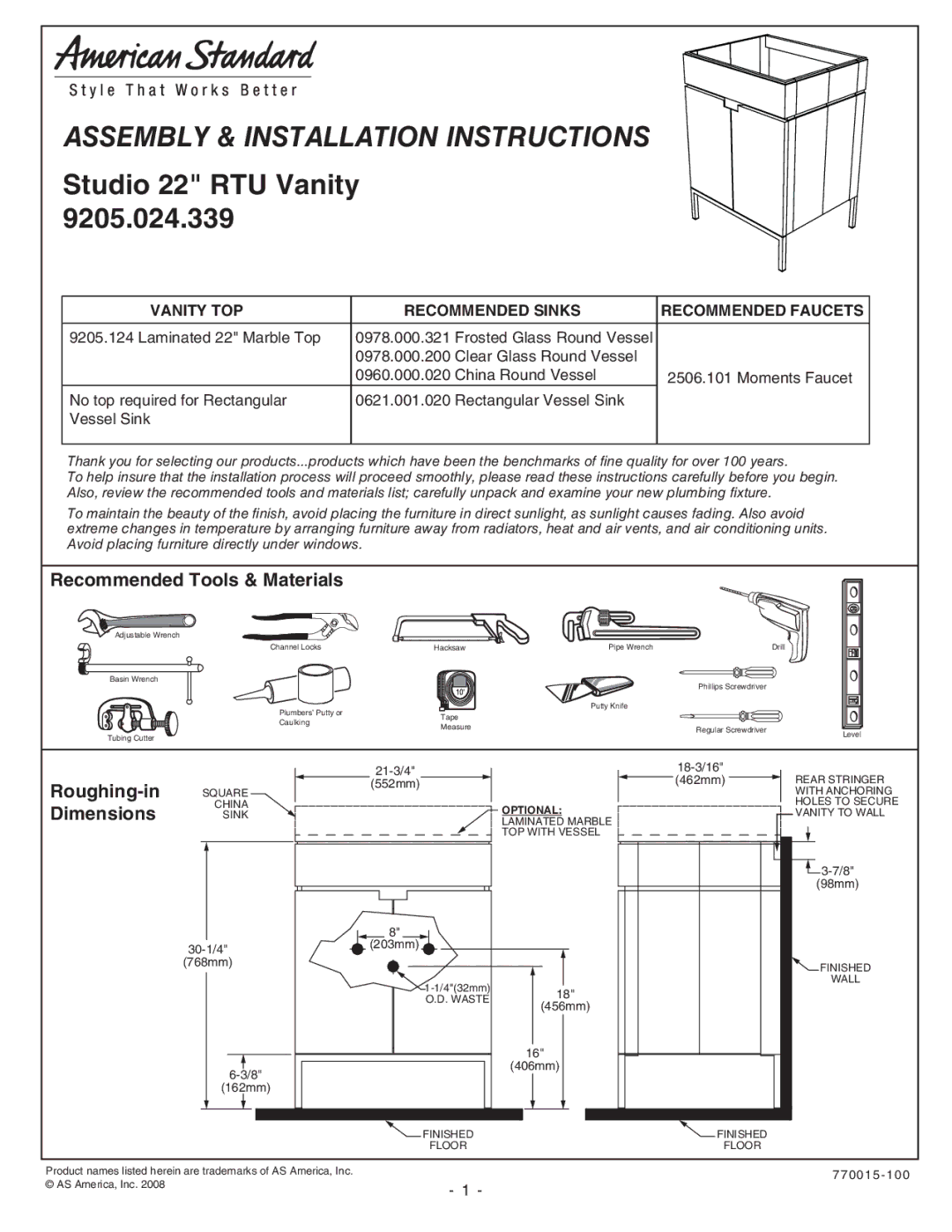 American Standard 9205.024.339 installation instructions Recommended Tools & Materials, Roughing-in Dimensions 