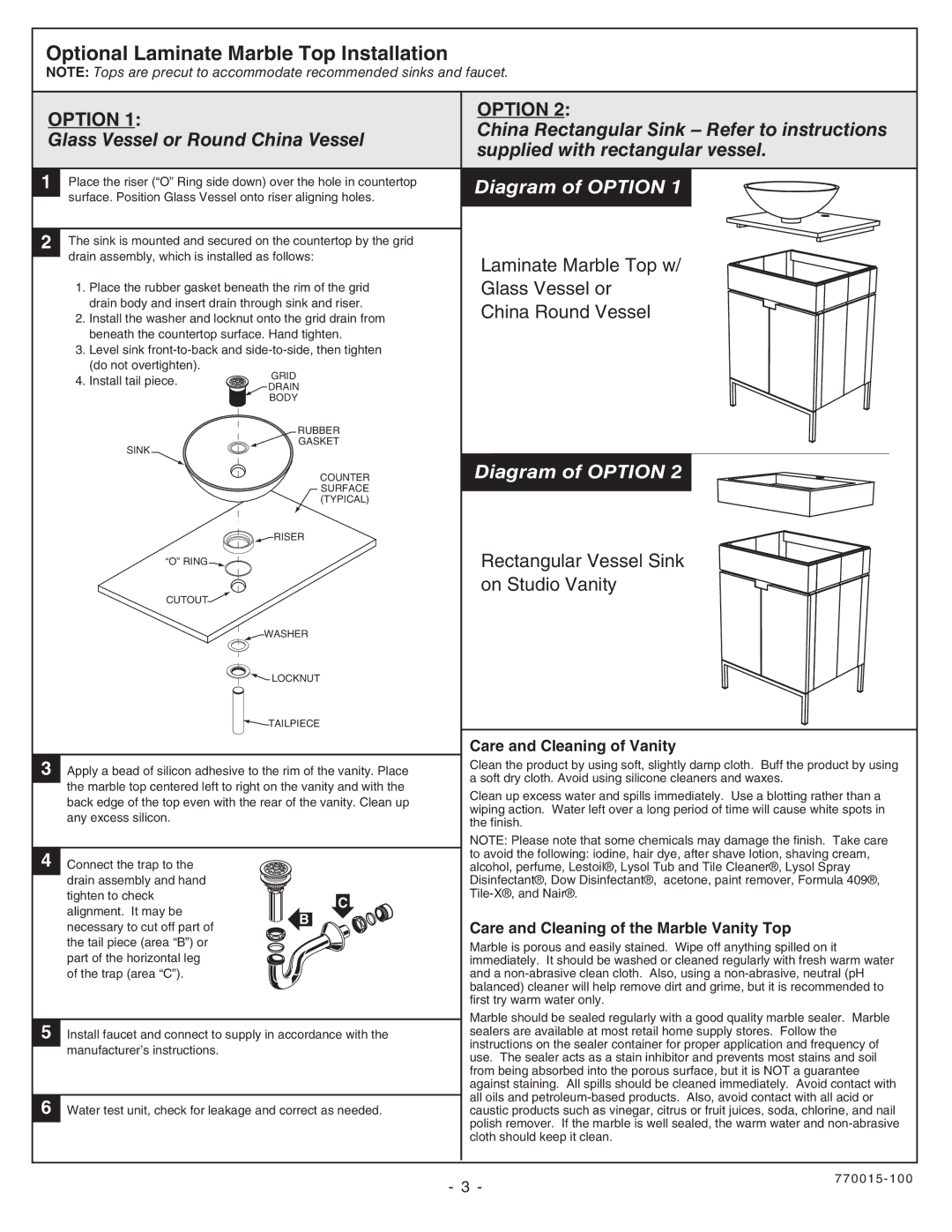 American Standard 9205.024.339 installation instructions Optional Laminate Marble Top Installation 