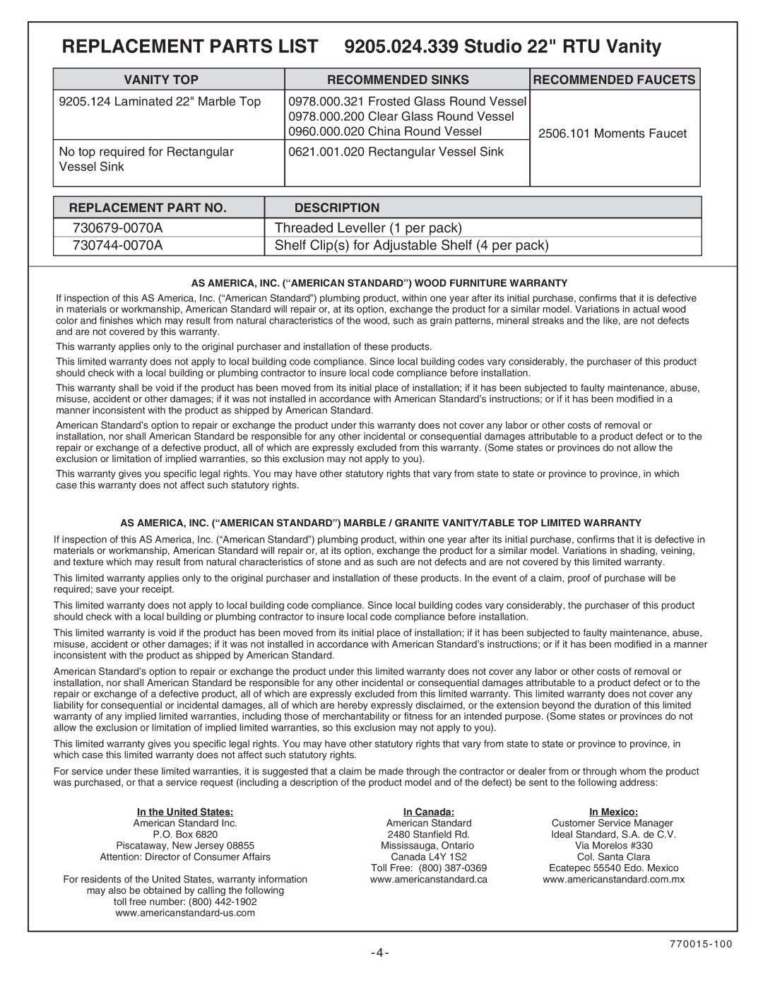 American Standard installation instructions Replacement Parts List 9205.024.339 Studio 22 RTU Vanity 