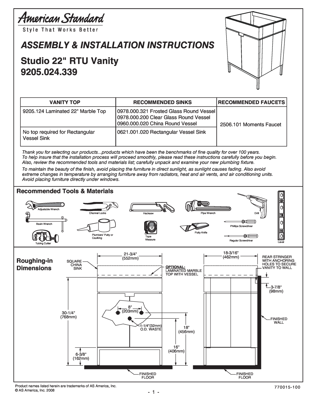 American Standard 9205.024.339 installation instructions Recommended Tools & Materials, Roughing-inDimensions, Vanity Top 