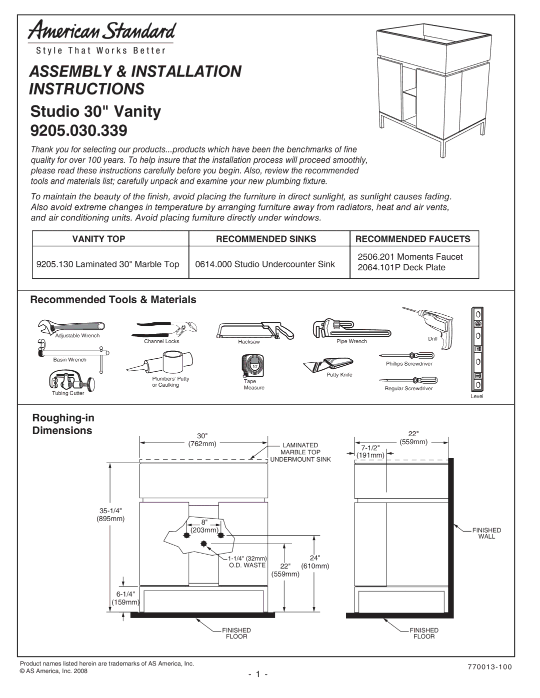 American Standard 9205.030.339 installation instructions 35-1/4 895mm 159mm 762mm, 191mm, 203mm, 610mm 559mm 