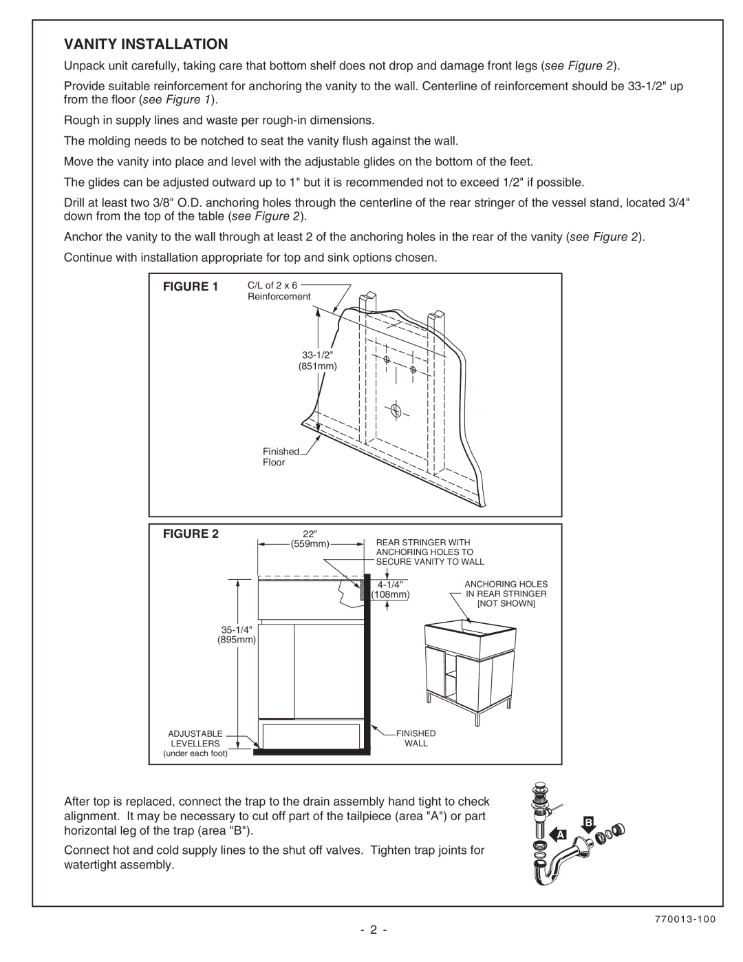 American Standard 9205.030.339 Vanity Installation, 2 x, 33-1/2 851mm Finished Floor, 108mm, 35-1/4 895mm 