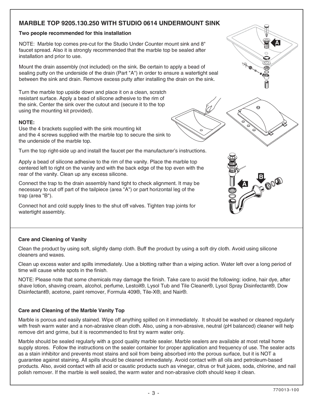 American Standard 9205.030.339 installation instructions Marble TOP 9205.130.250 with Studio 0614 Undermount Sink 