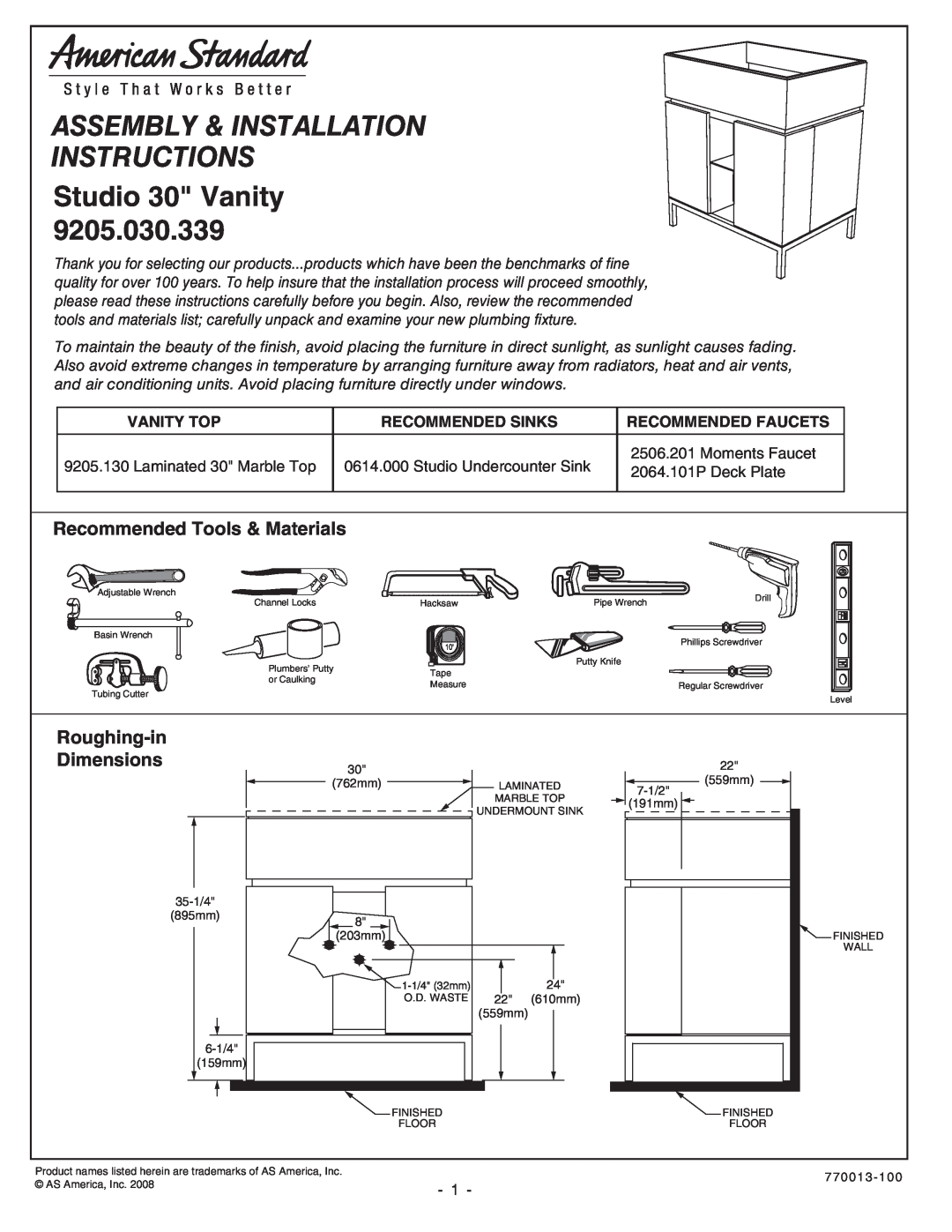 American Standard 9205.030.339 installation instructions Recommended Tools & Materials, Roughing-in Dimensions, Vanity Top 