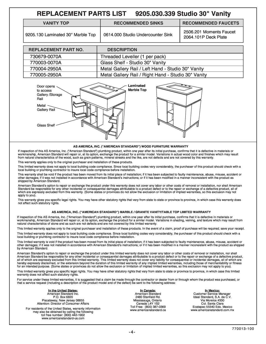 American Standard 9205.030.339 Replacement Part No, Description, 730679-0070A, Threaded Leveller 1 per pack, 770003-0070A 