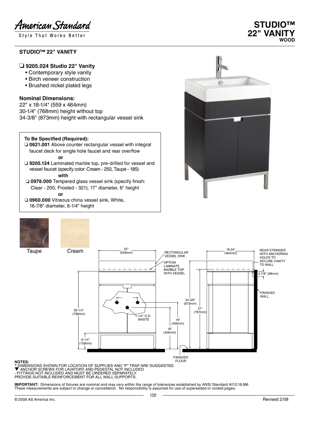 American Standard 0621.001, 9205.124 dimensions Studio 22 Vanity, Nominal Dimensions, Taupe Cream 