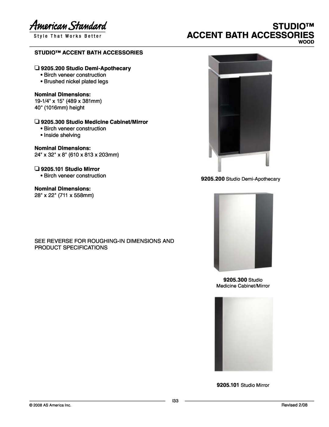 American Standard 9205.300 dimensions Studio ACCENT BATH ACCESSORIES, Nominal Dimensions, Studio Medicine Cabinet/Mirror 