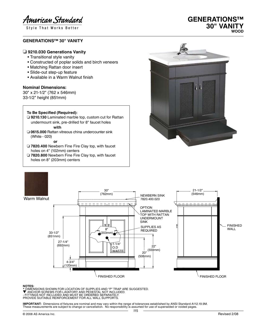 American Standard 9210.030 dimensions Generations 30 Vanity Generations Vanity, Nominal Dimensions, Warm Walnut 