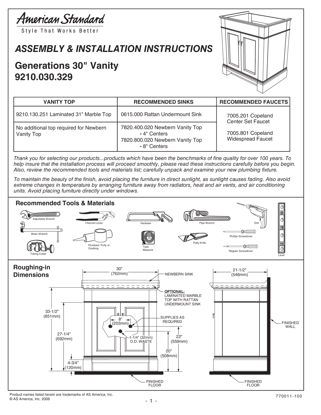 American Standard 9210.030.329 installation instructions Recommended Tools & Materials, Roughing-in, Dimensions 