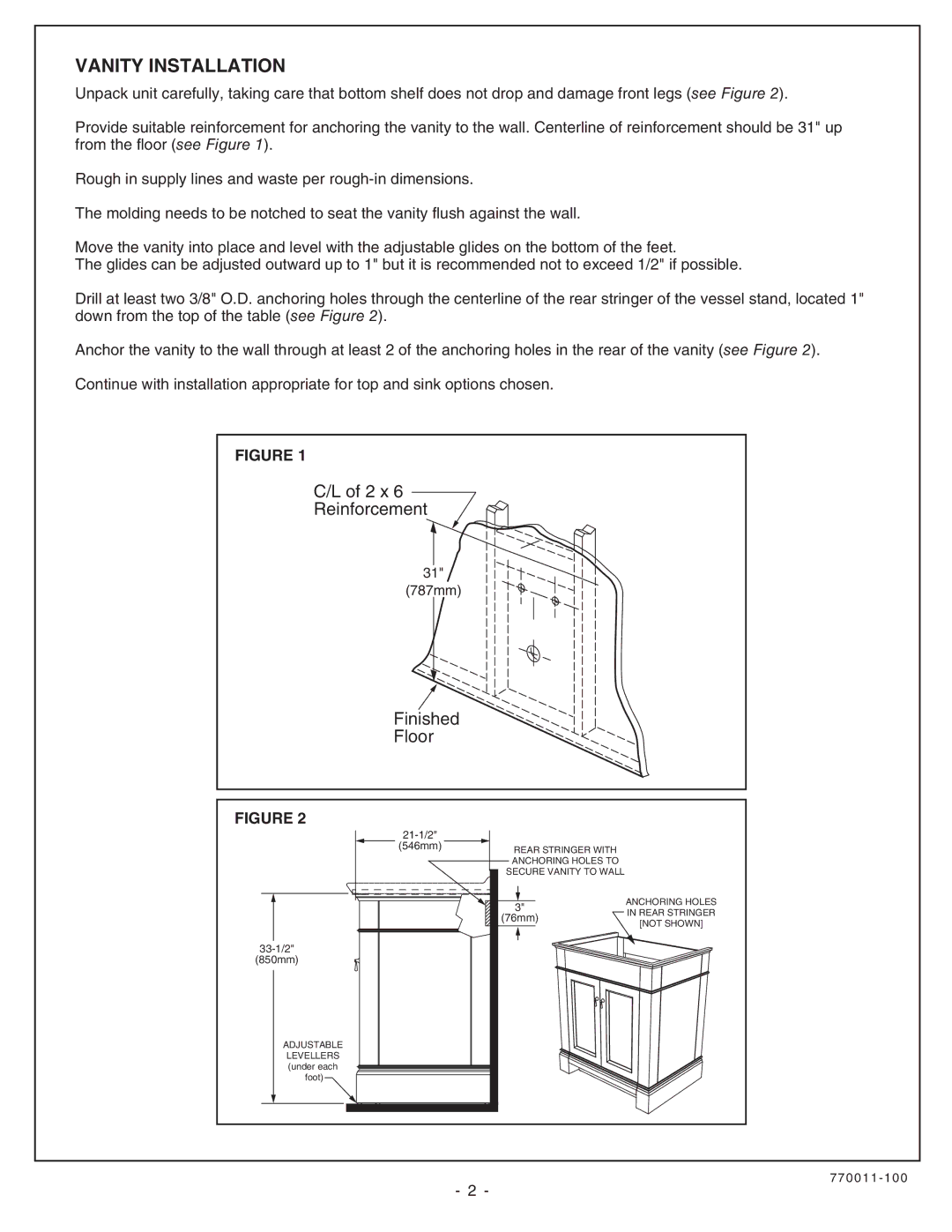 American Standard 9210.030.329 installation instructions Vanity Installation, Finished Floor 