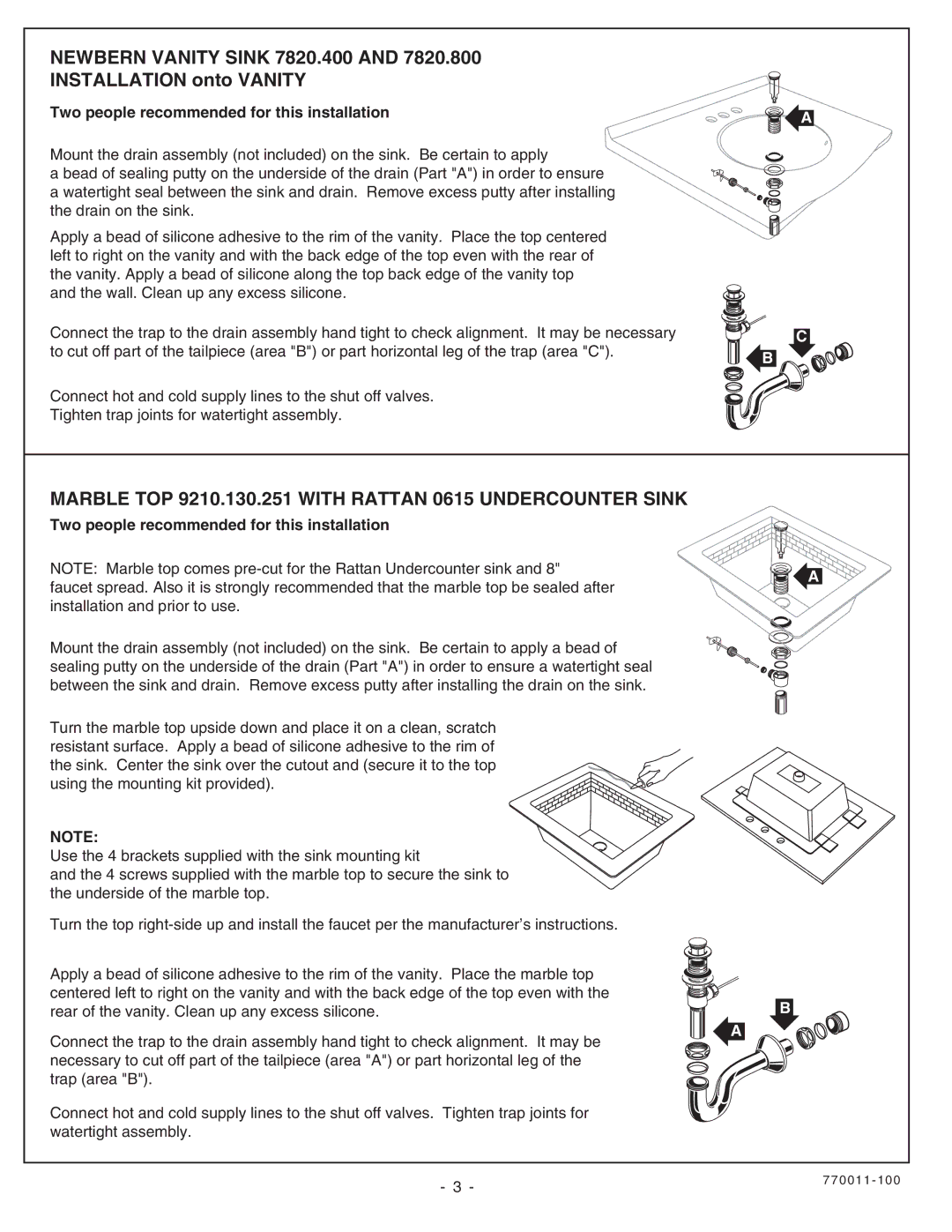 American Standard 9210.030.329 installation instructions Newbern Vanity Sink 7820.400 Installation onto Vanity 