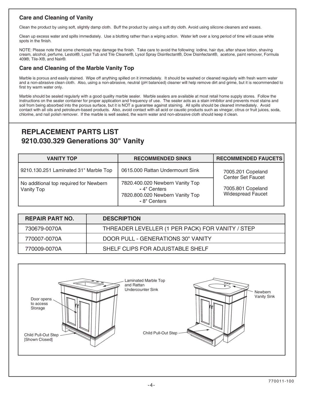 American Standard installation instructions Replacement Parts List 9210.030.329 Generations 30 Vanity 