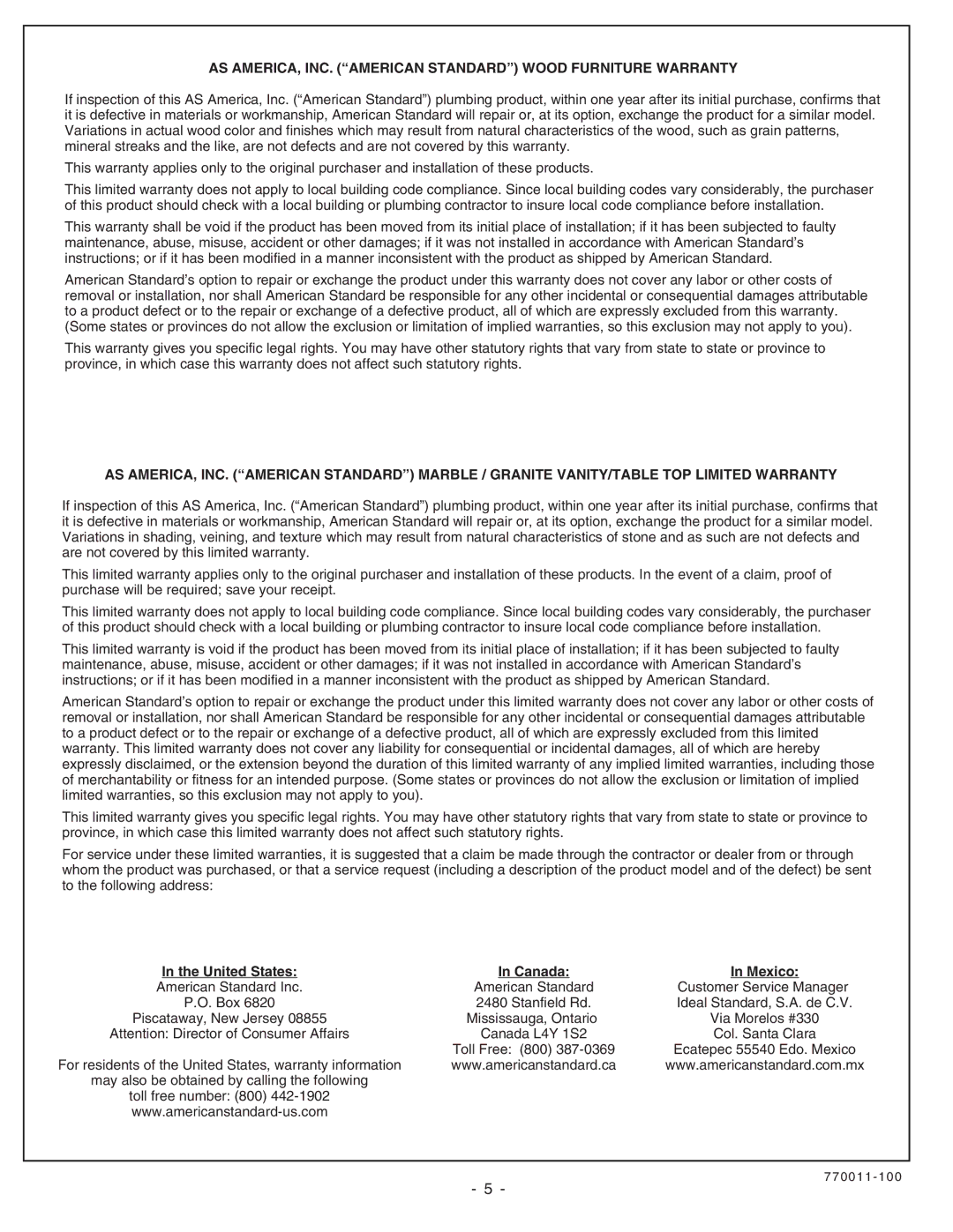 American Standard 9210.030.329 installation instructions AS AMERICA, INC. American Standard Wood Furniture Warranty 