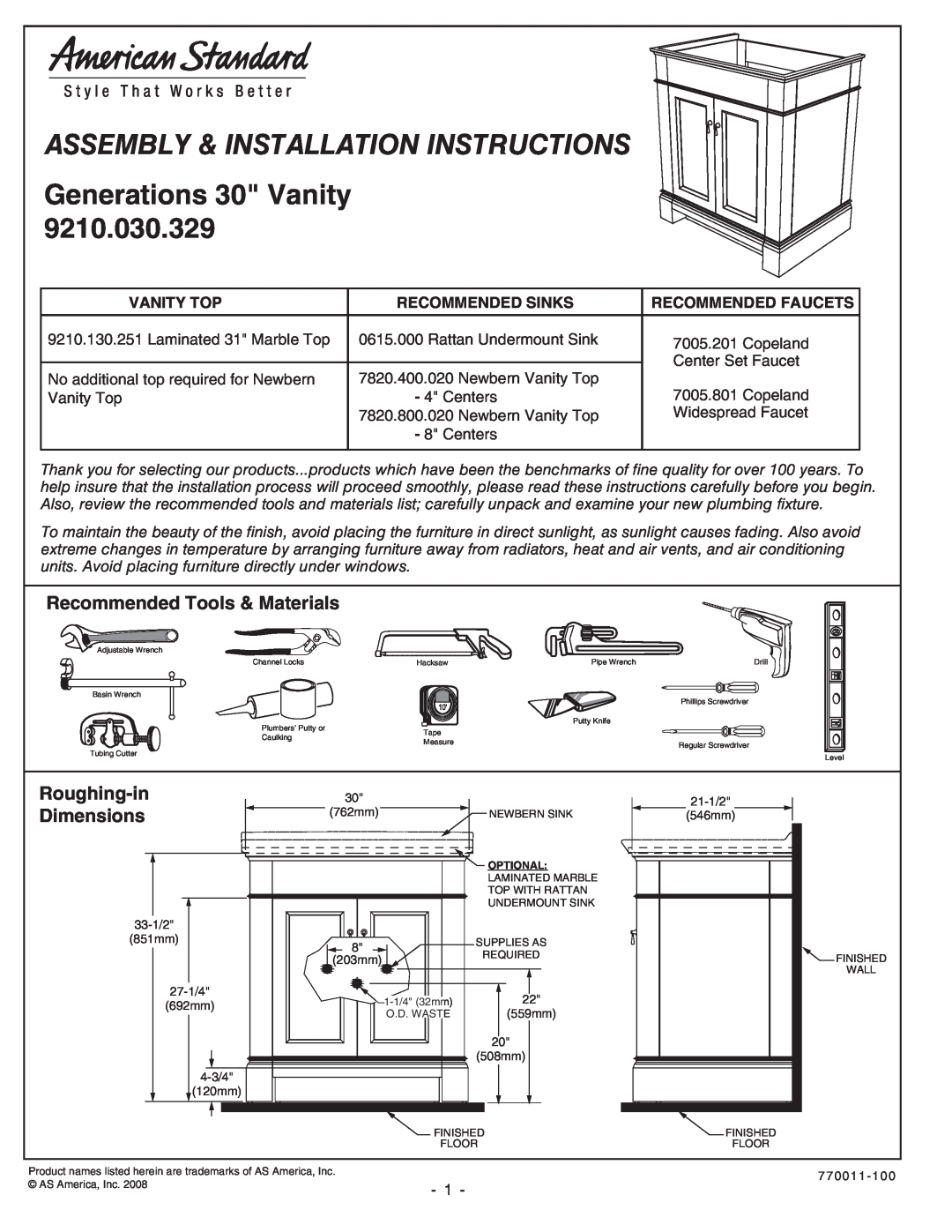 American Standard 9210.030.329 installation instructions Recommended Tools & Materials, Roughing-in, Dimensions 