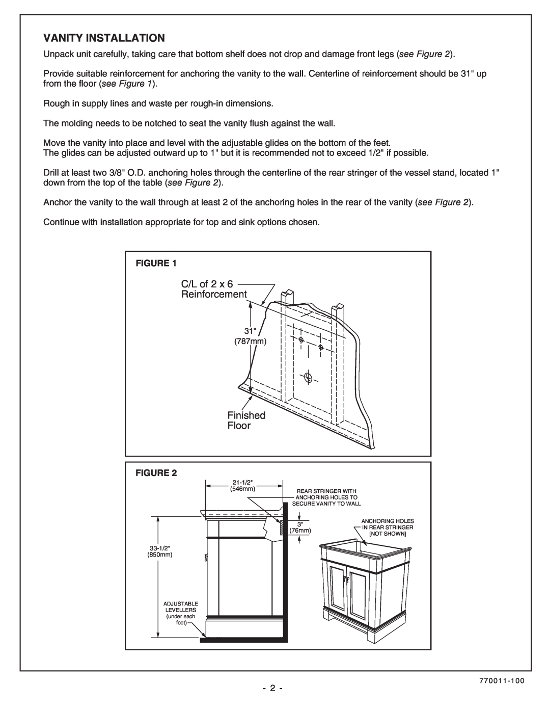 American Standard 9210.030.329 installation instructions Vanity Installation, C/L of, Reinforcement, Finished, Floor 