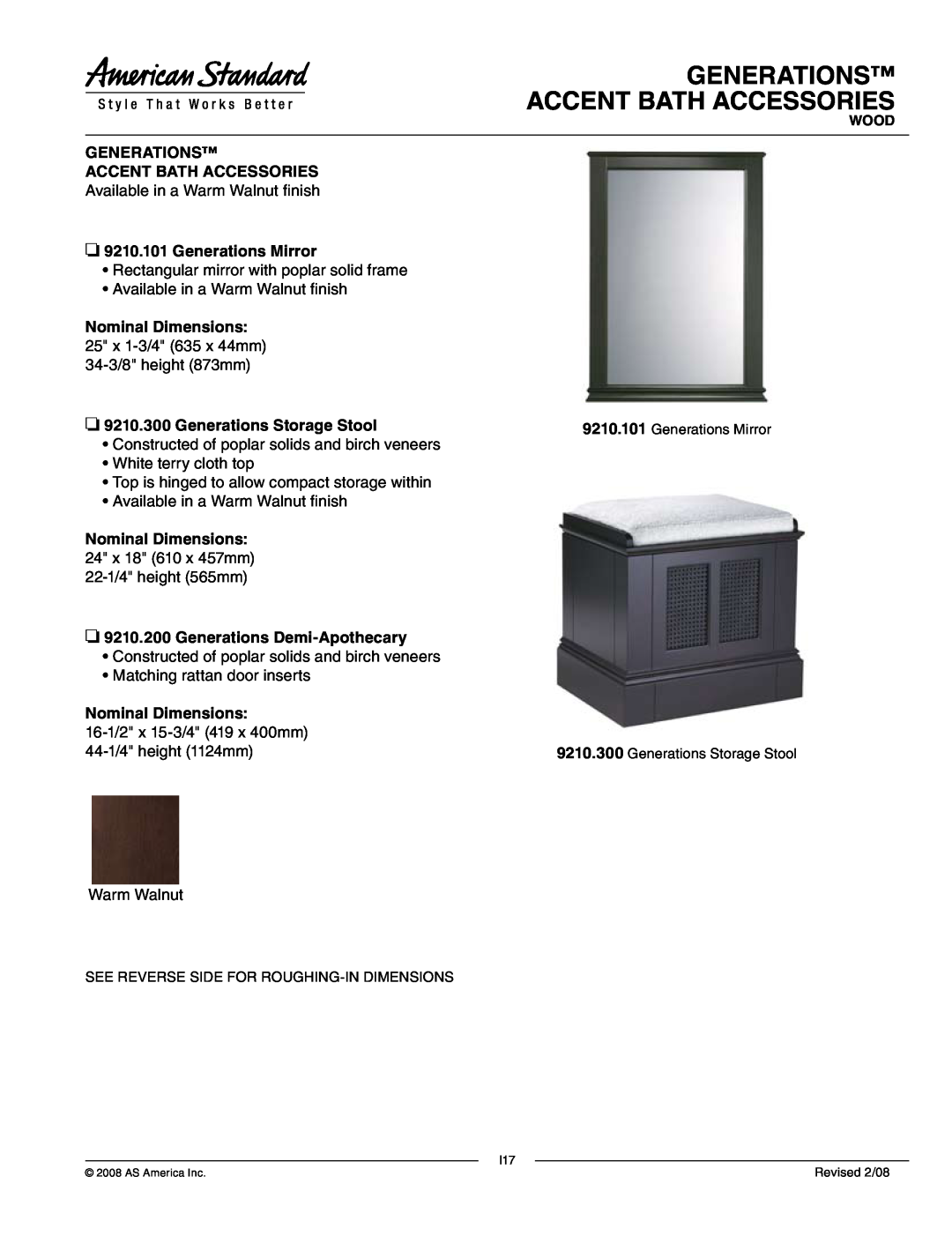 American Standard 9210.300, 9210.101 dimensions Generations Accent Bath Accessories 