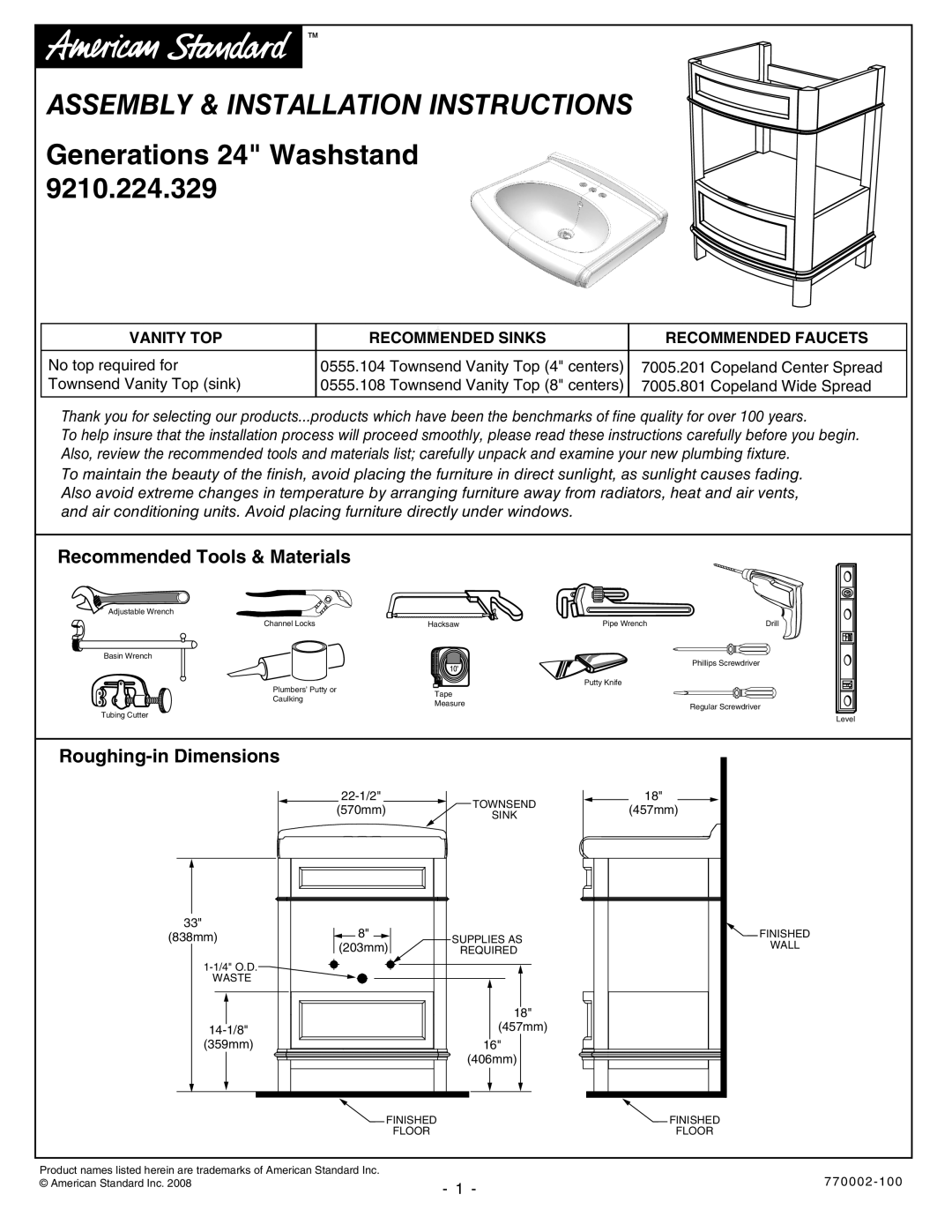 American Standard 9210.224.329 installation instructions Generations 24 Washstand, Recommended Tools & Materials 