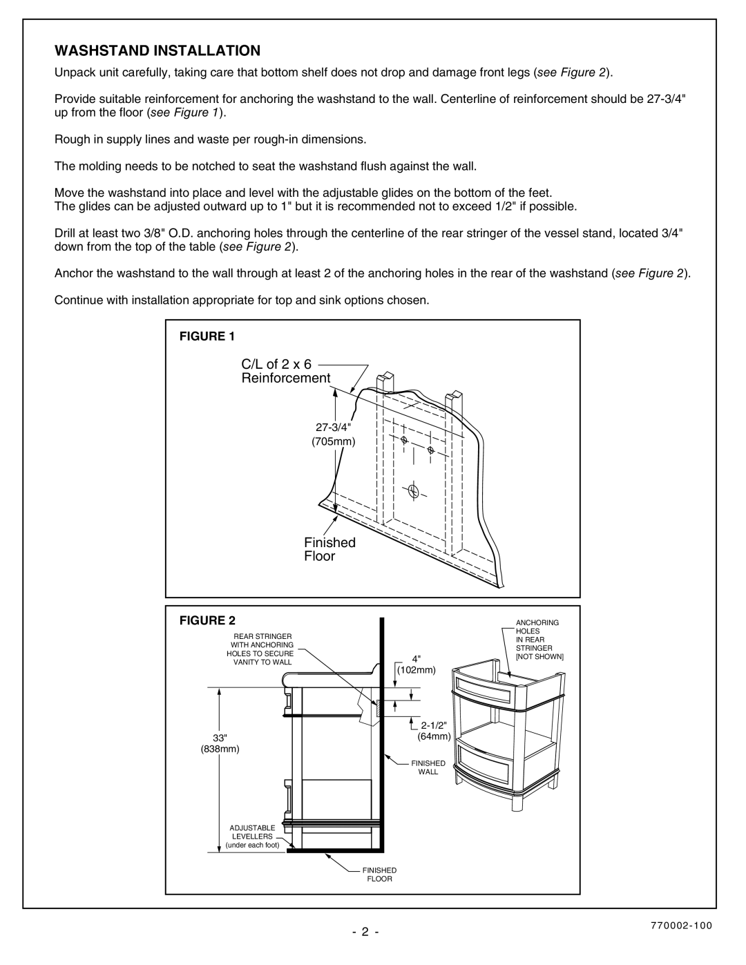 American Standard 9210.224.329 installation instructions Washstand Installation, C/L of 2 x Reinforcement, Finished Floor 