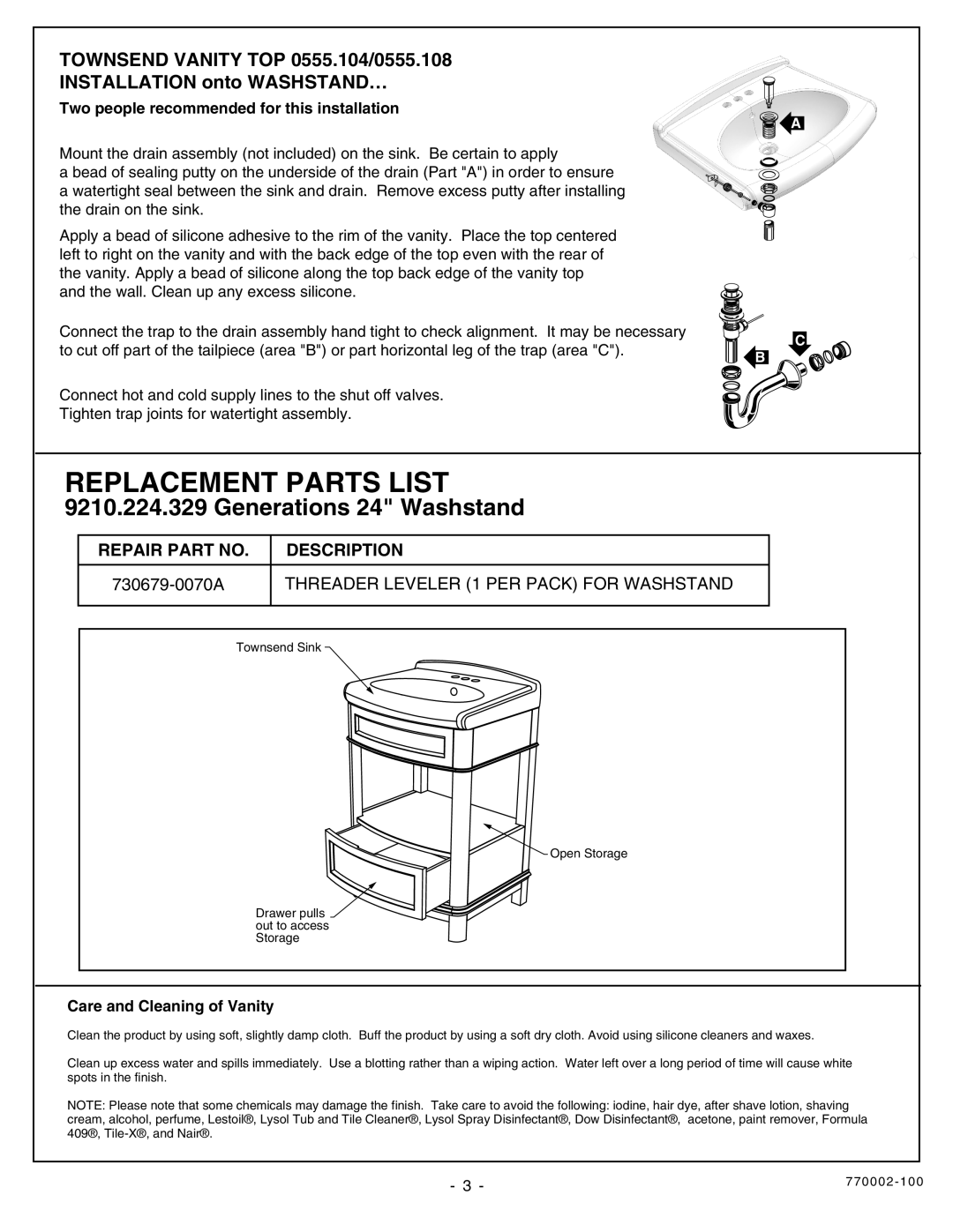 American Standard 9210.224.329 Replacement Parts List, TOWNSEND VANITY TOP 0555.104/0555.108, INSTALLATION onto WASHSTAND… 
