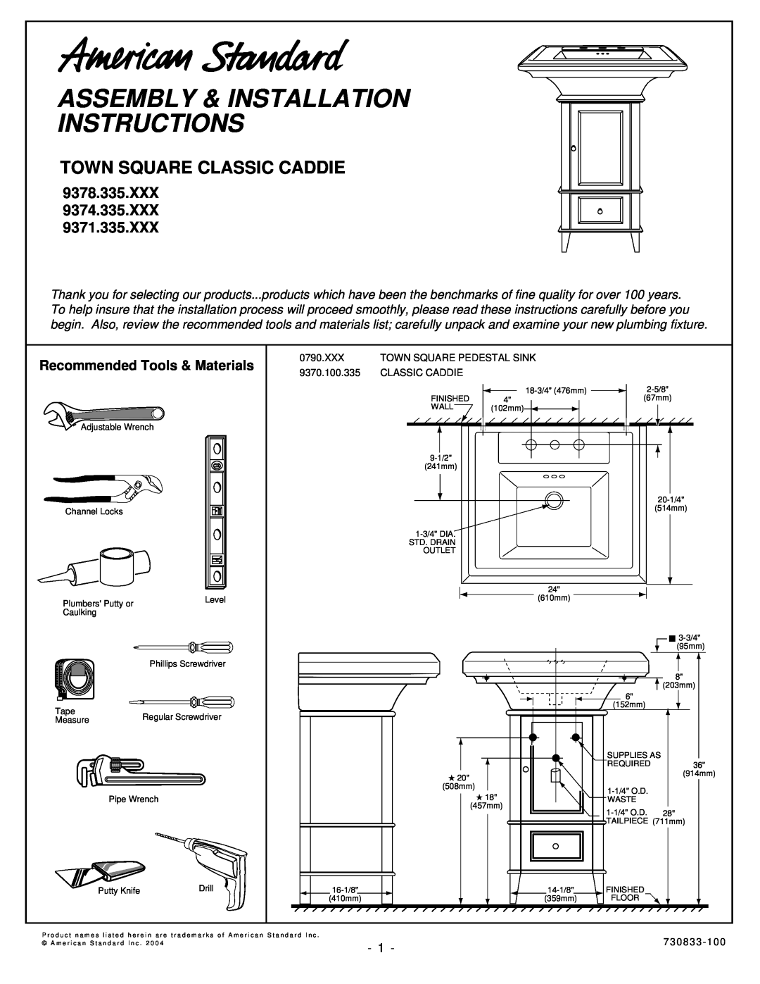 American Standard 9378.335.XXX installation instructions Assembly & Installation Instructions, Town Square Classic Caddie 