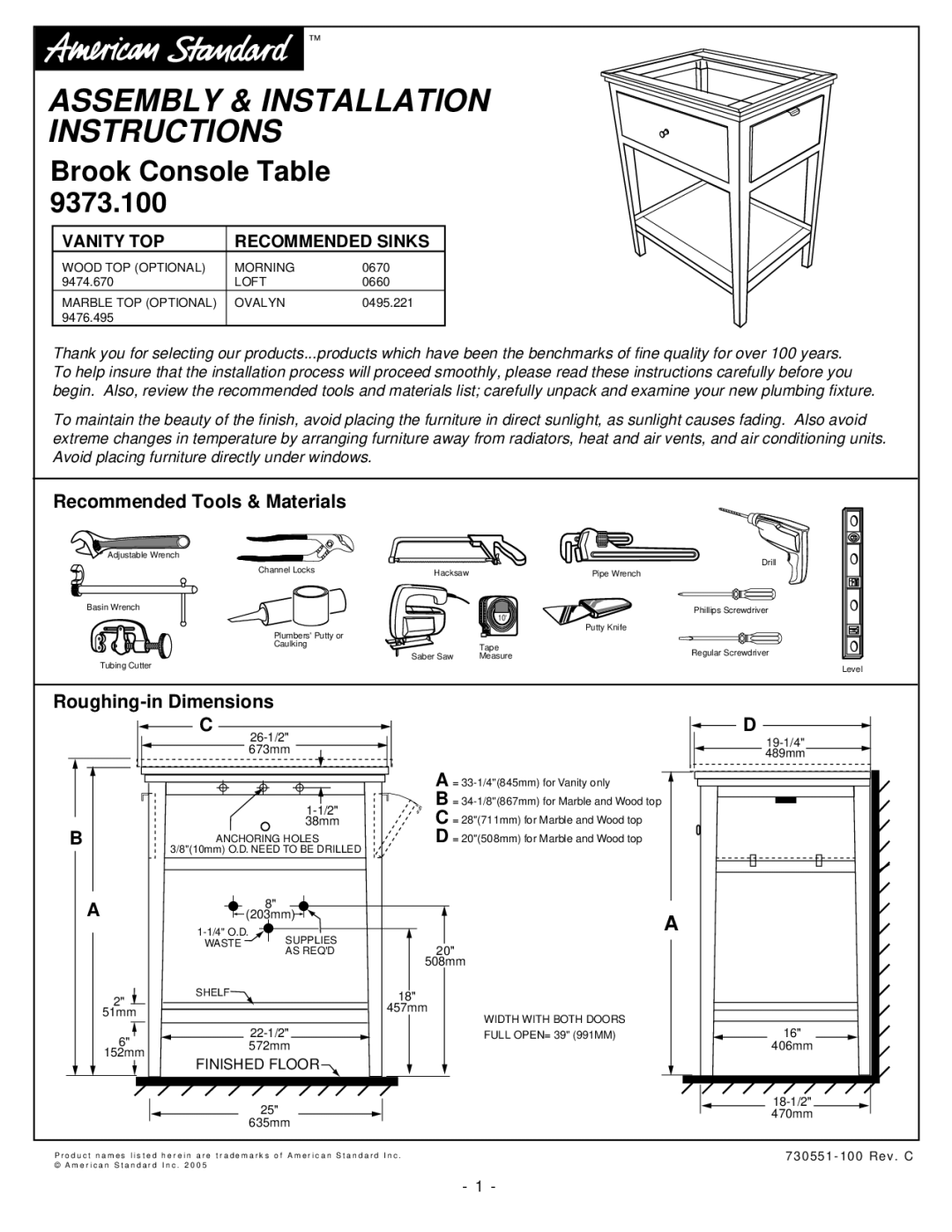 American Standard 9373.100 installation instructions Recommended Tools & Materials, Roughing-in Dimensions 